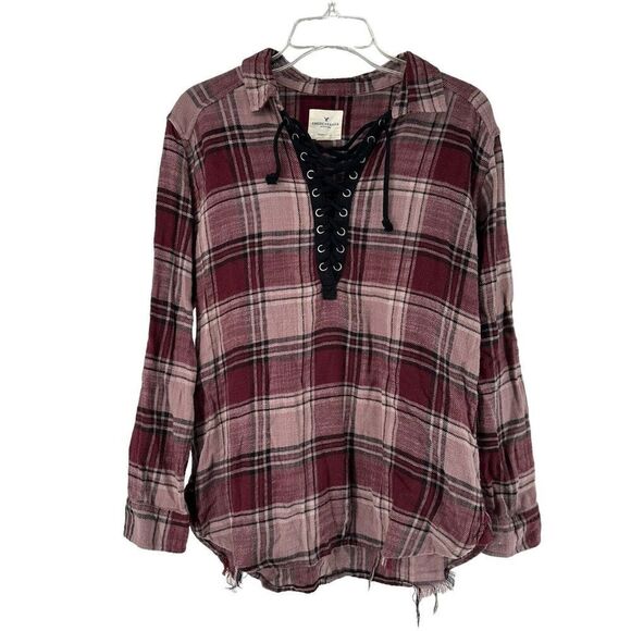 American Eagle Flannel Top Distressed Red Oversized Fit Lace Up V Neck Size S - Picture 1 of 8